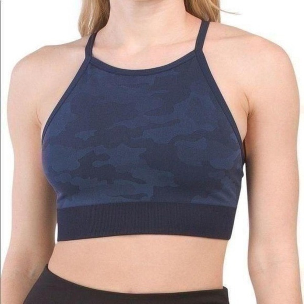 NWT Splendid Sports Bra Womens Navy Camo High Neck Racerback RH1S103 L